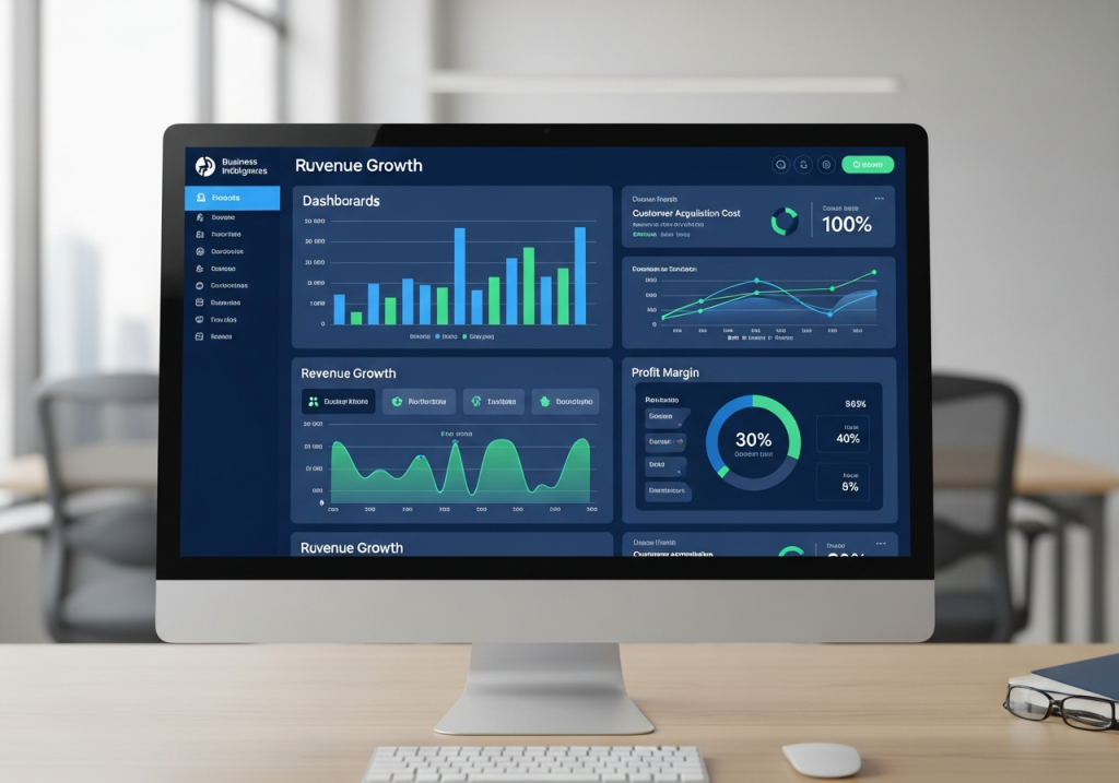 Business intelligence dashboard showing AI-powered data insights for Denton companies
