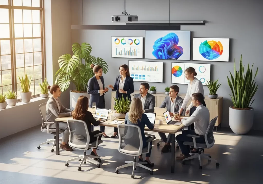 Business team collaborating around a conference table with AI analytics charts on the wall screens