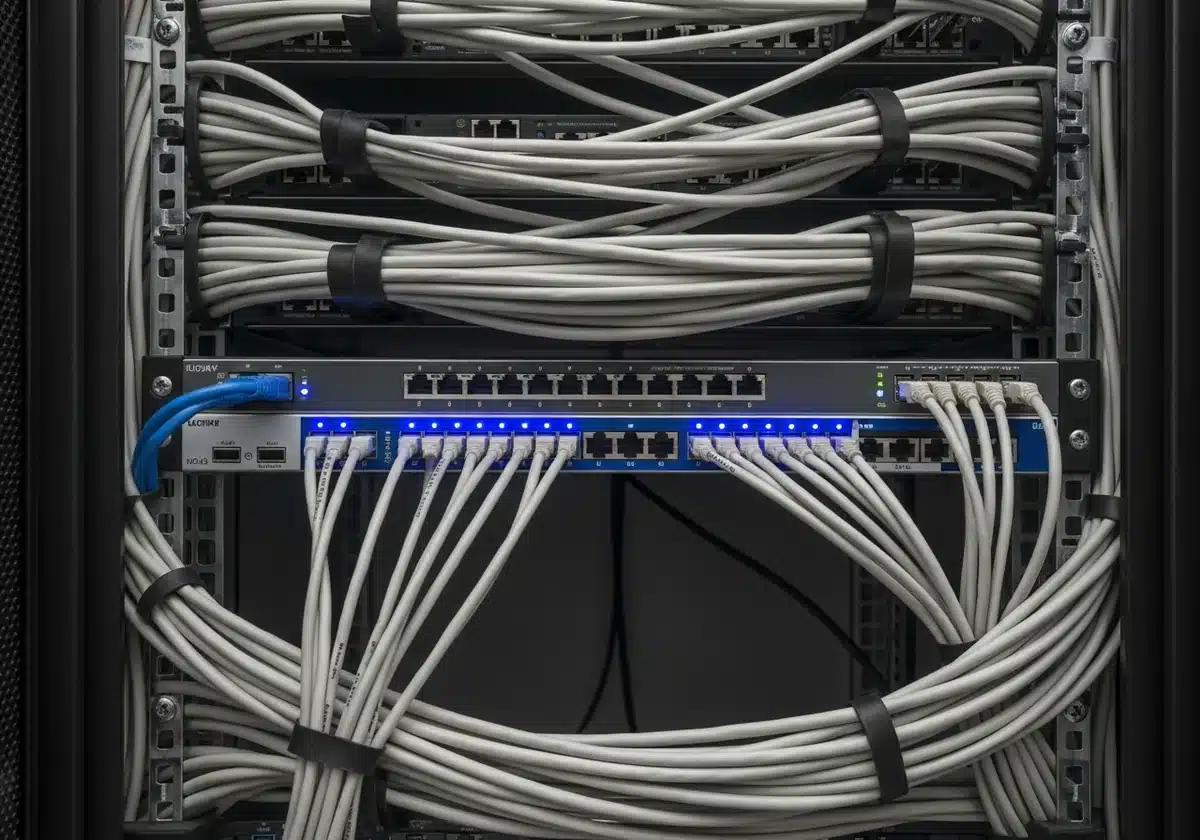 Network switch and ethernet cables powering VoIP infrastructure for Fort Worth businesses