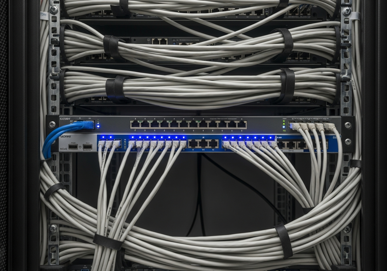 Network switch and ethernet cables powering VoIP infrastructure for Fort Worth businesses