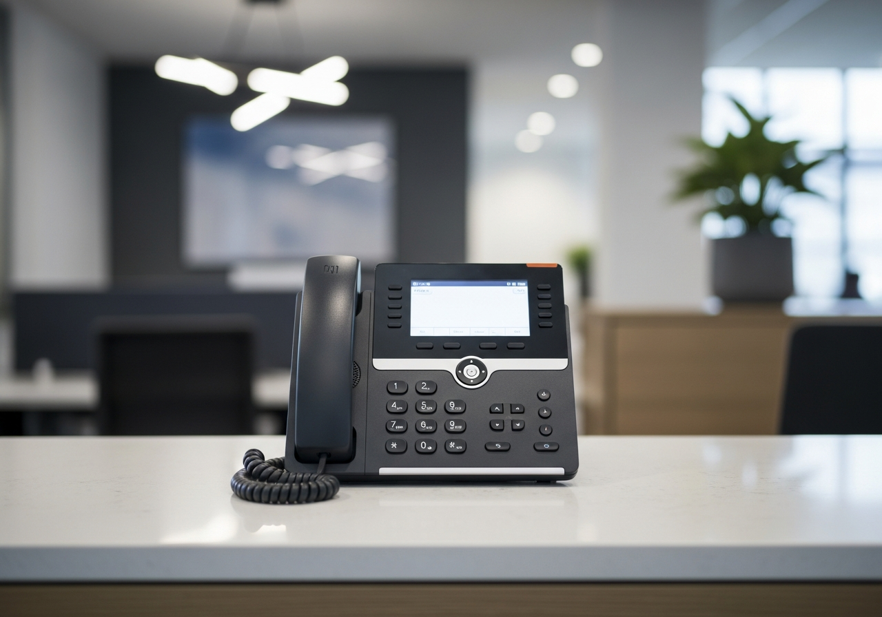 Modern IP phone system on a professional office reception desk in Fort Worth