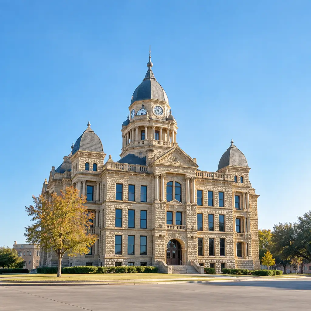 Denton County Courthouse on a clear autumn day in downtown Denton, Texas