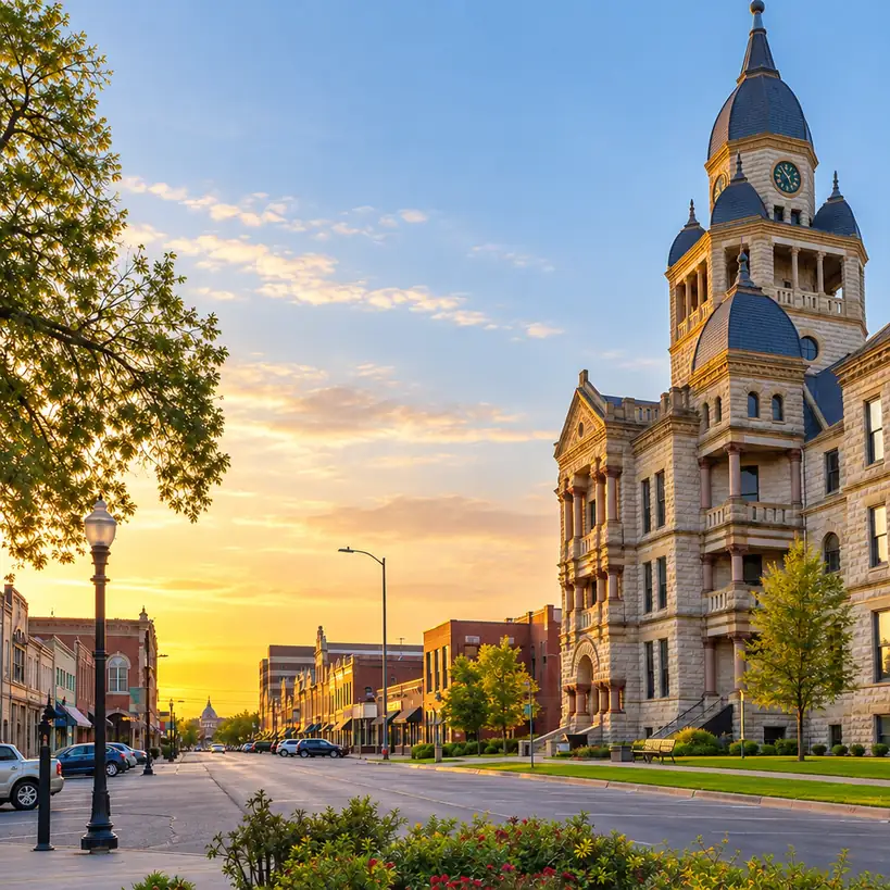 Downtown Denton street at sunset with the Denton County Courthouse tower