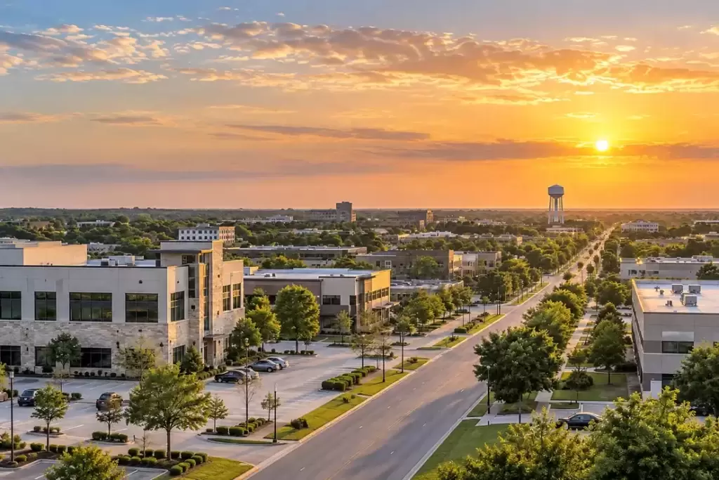 Business district with office buildings and a water tower at sunset in North Texas